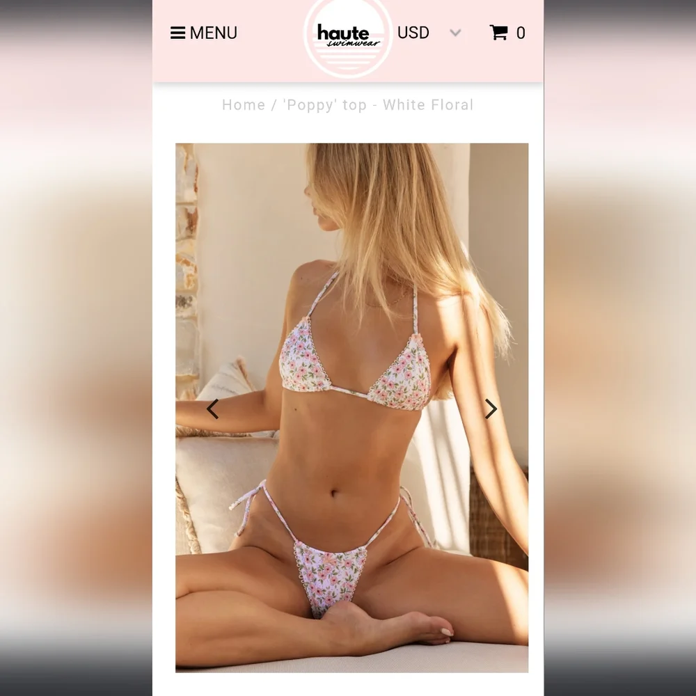 HAUTE swim pink poppies green leaves ribbon bows edging triangle string bikini - Picture 7 of 17